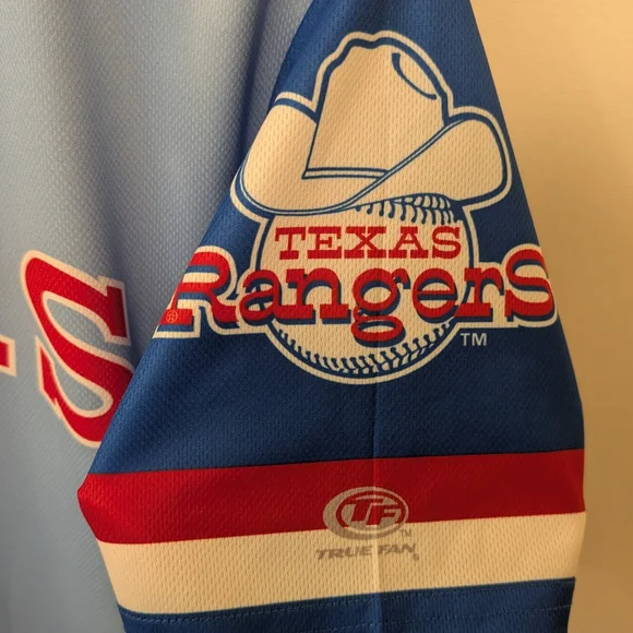 Texas Rangers Cooperstown Collection Blue and Red Sports Jersey Size Small - Picture 5 of 7